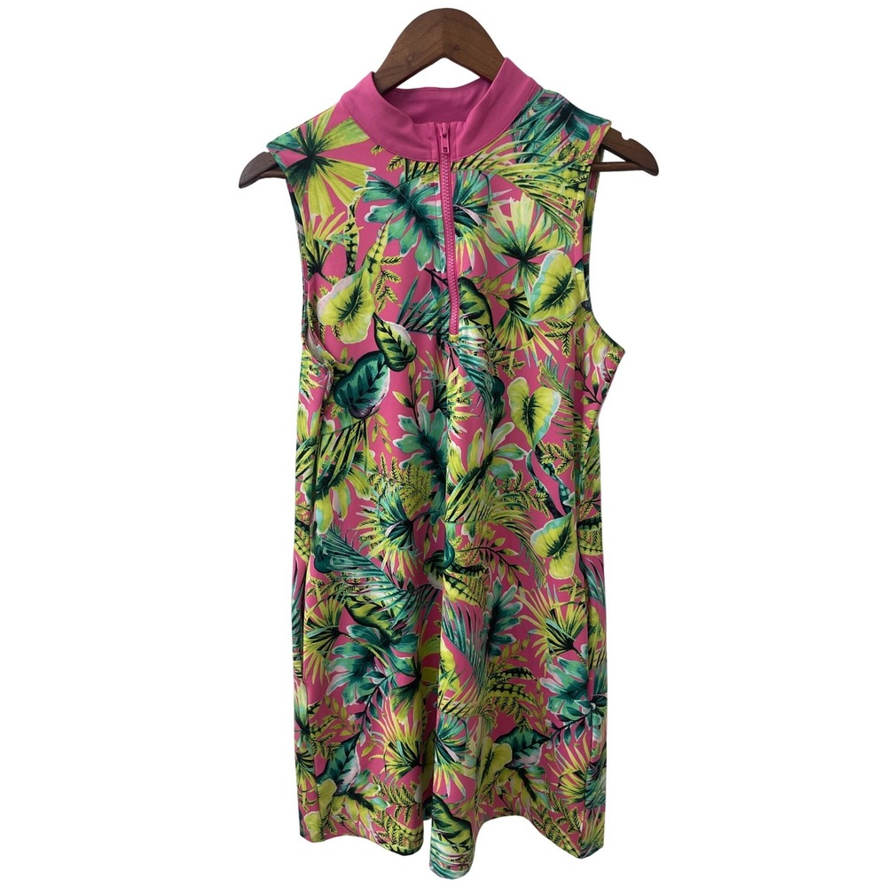 Tommy‎ Bahama Golf Womens Pink Tropical Palm Quarter Zip Sleeveless Dress Large